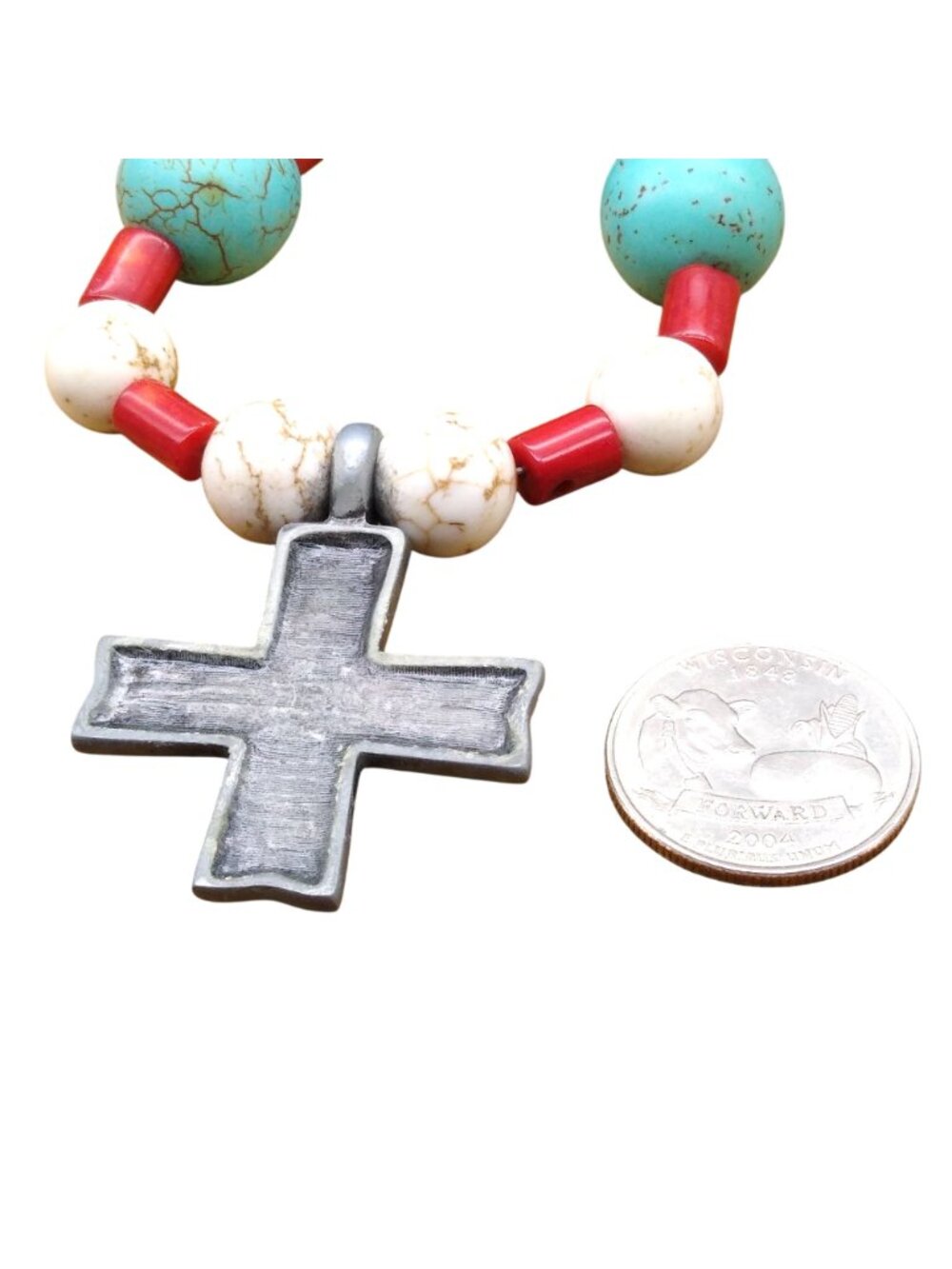 Howlite Beaded Pendant Necklace, Celtic Cross in Pewter Tone with Blue and White - Picture 5 of 5